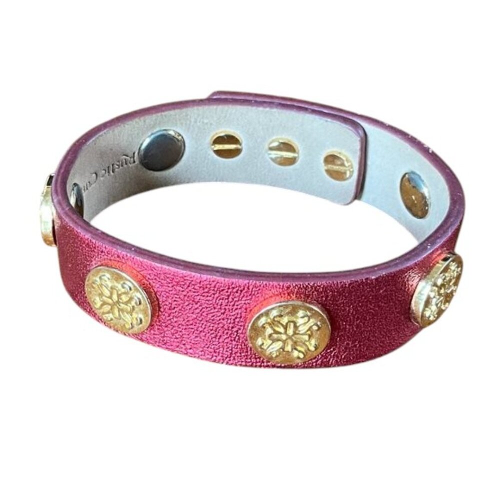 Rustic Cuff Metallic Red Leather Single Wrap Logo Adjustable Bracelet